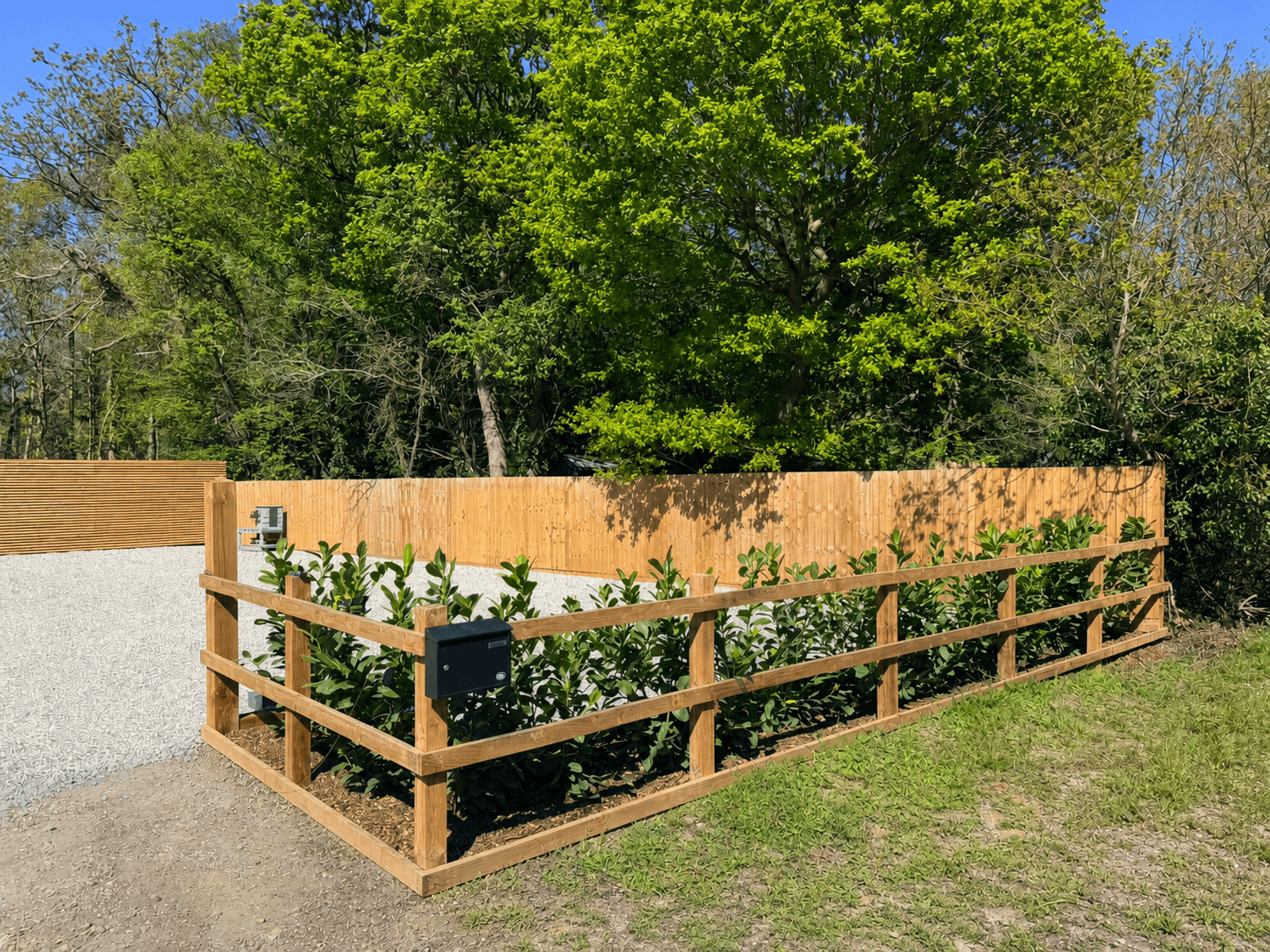 Clean post-and-rail driveway fencing with laurel hedging in Essex